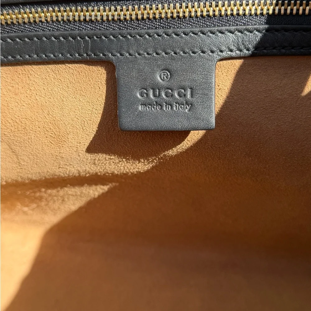 Gucci Beige GG Supreme Canvas Tote with Black Leather Trim and Gold Hardware